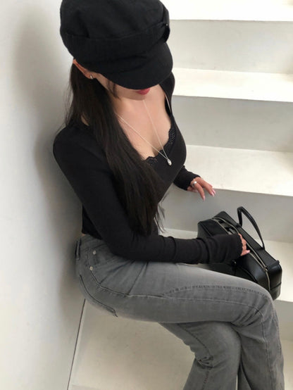 Elegant V-neck Lace Shirring Top(4 colors)