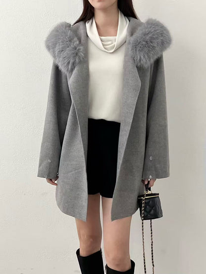 ［40% WOOL］Cozy Faux Fur Collar Warm Coat