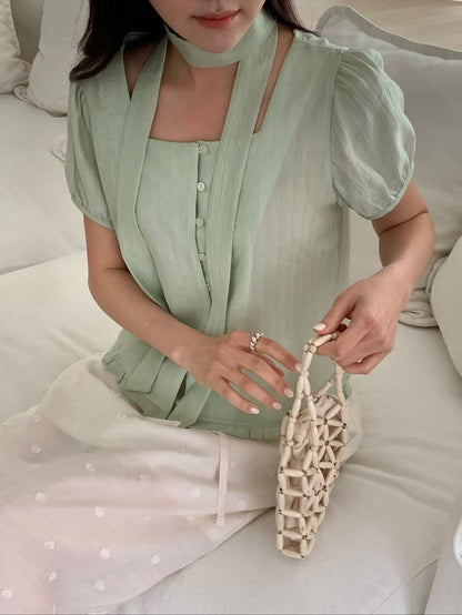 Romantic Square-Neck Buttoned Tencel Blouse(4 Colors)