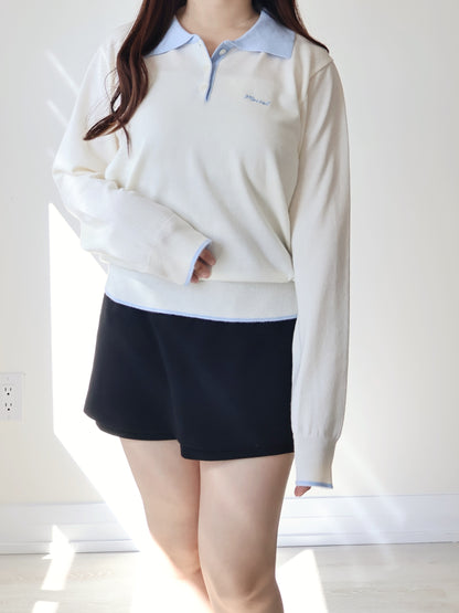 Teddy Collar Colour-Block Embroidered Soft Sweater(Cream)