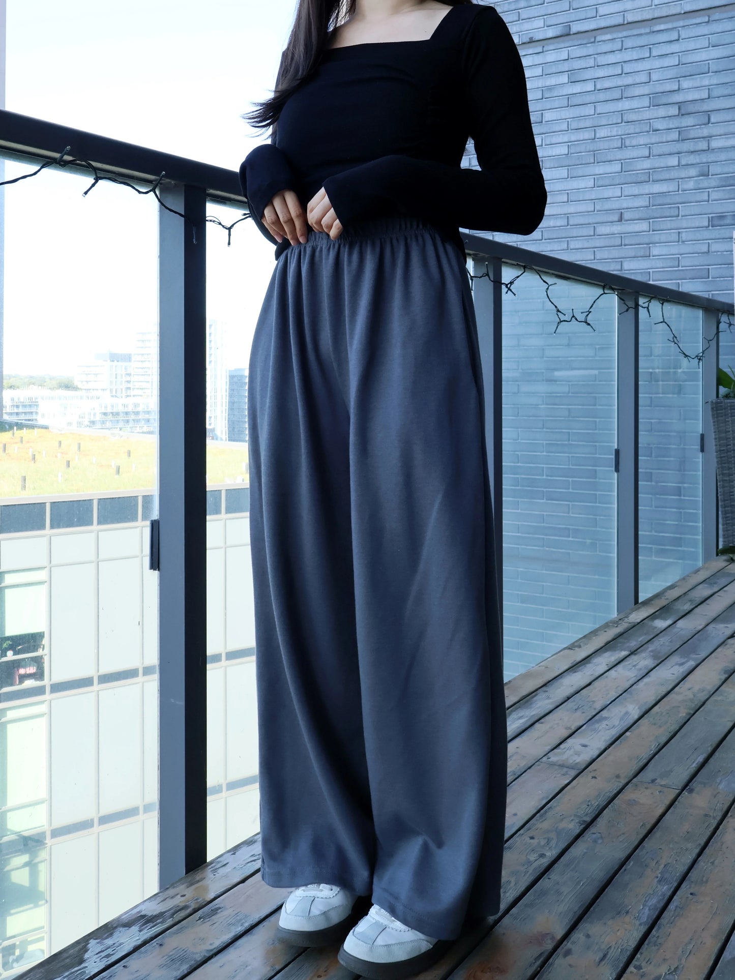 [3 Lengths] Everyday Relaxed Wide-Leg Cotton Pants with Pockets(Charcoal)