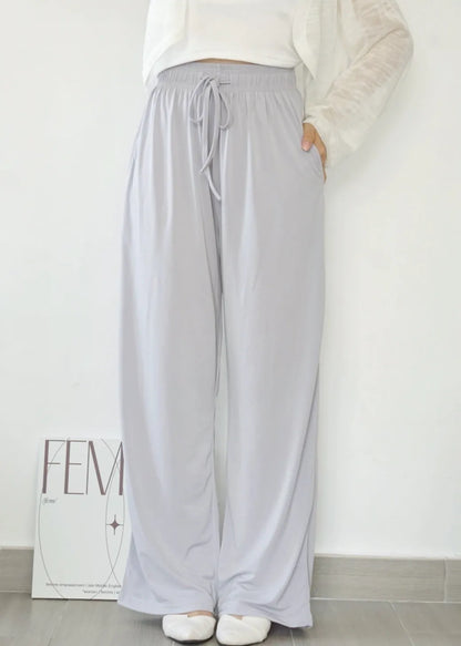 Airy Matte Breathable Wide-Leg Pants with Pockets(Greyish blue)