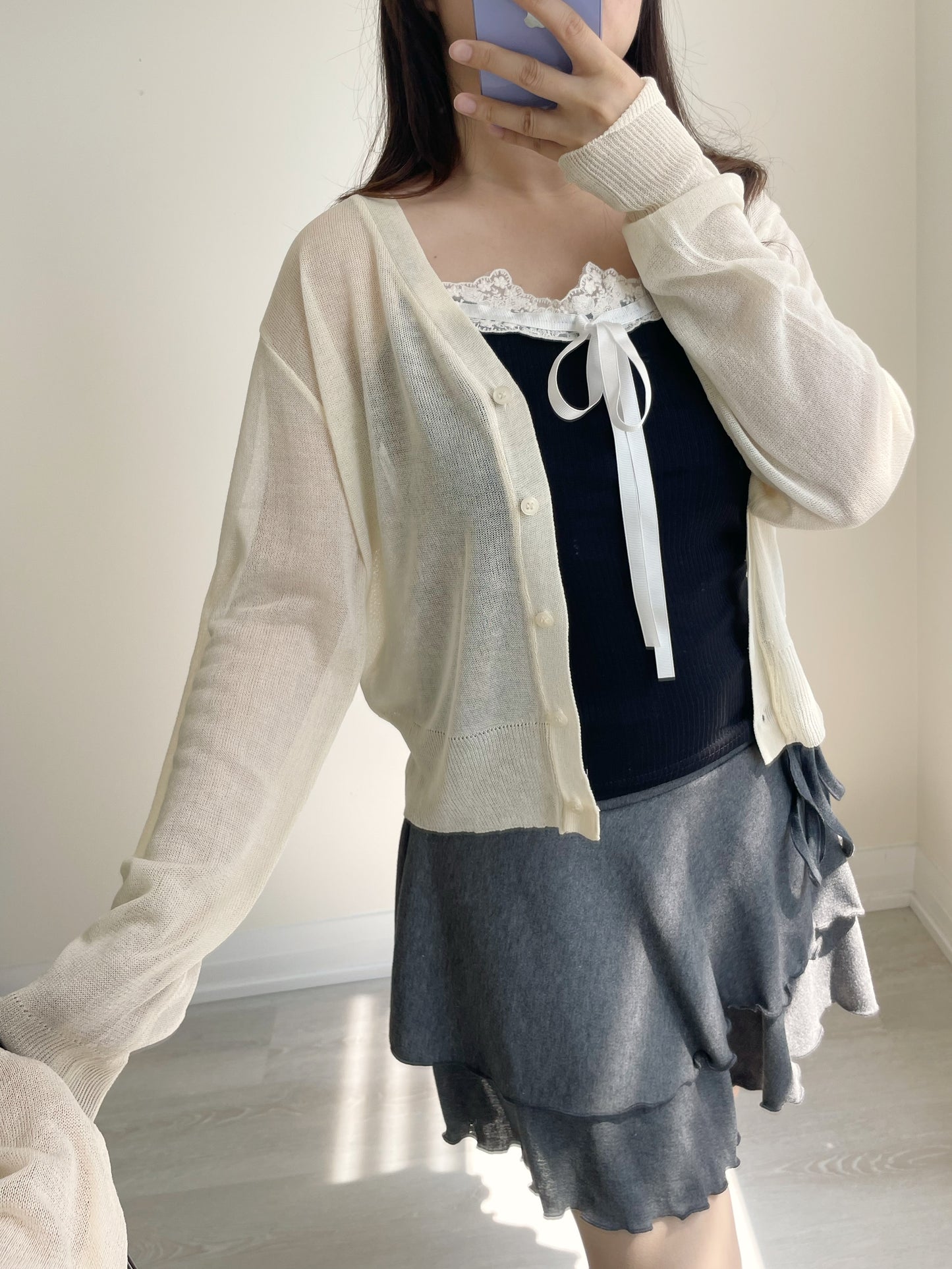 Featherlight Airy Ice-Silk UV-Block Knit Cardigan(Cream)