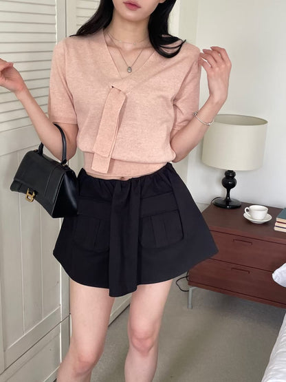 Lovely V-Neck Tie Linen Knit Top(4 Colors)