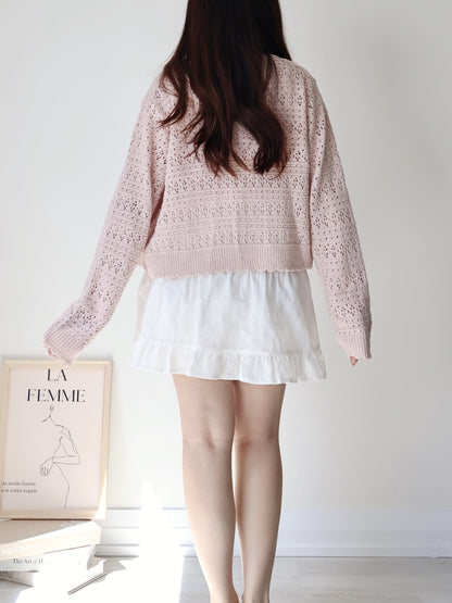 Romance V-Neck Eyelet Knit Cardigan(Peach)