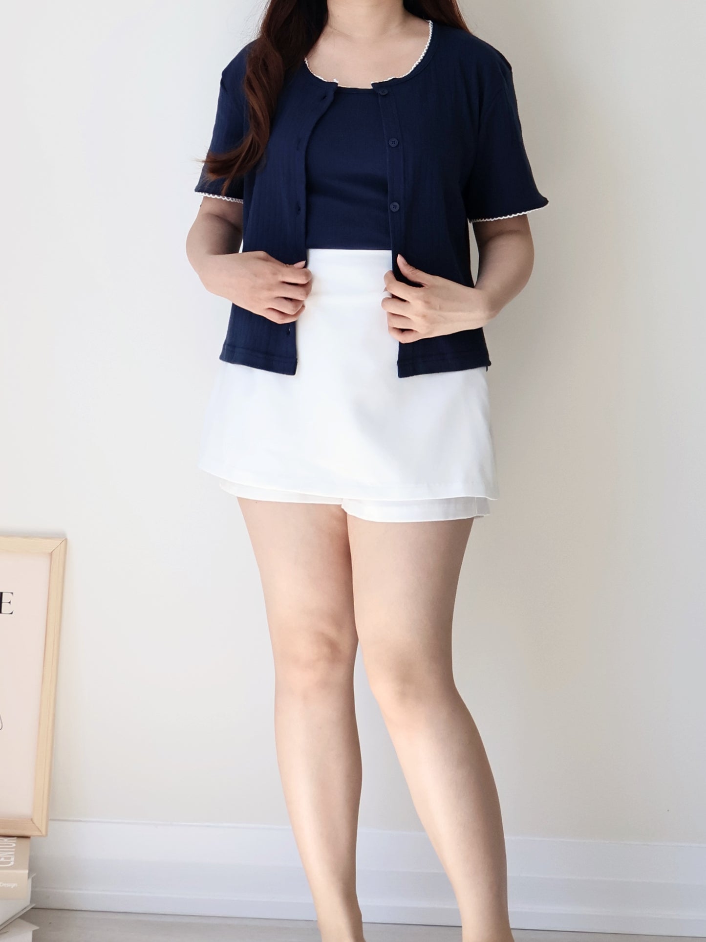 Graceful Contrast-Trim Jacquard Cotton Cami + Cardigan Set(Navy)