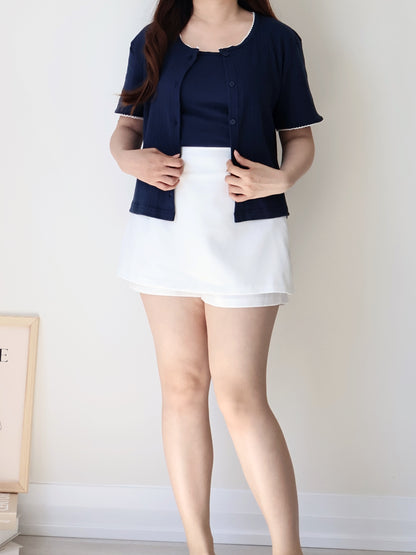 Graceful Contrast-Trim Jacquard Cotton Cami + Cardigan Set(Navy)