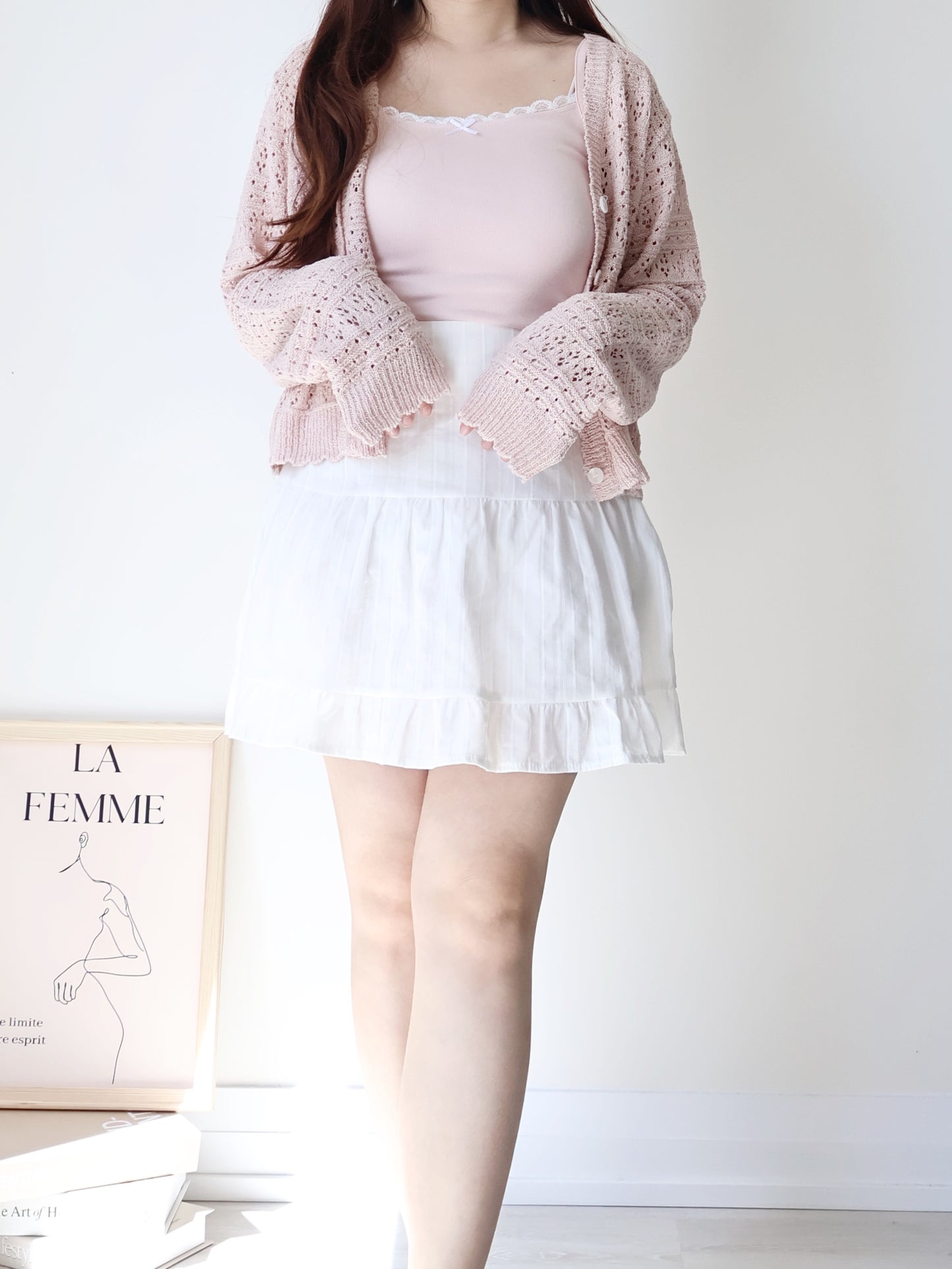 Romance V-Neck Eyelet Knit Cardigan(Peach)