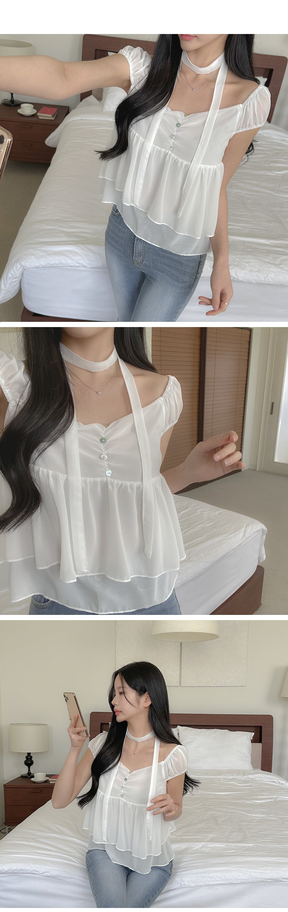 2-Way Flowy Tiered Puff-Sleeve Chiffon Blouse(3 Colors)