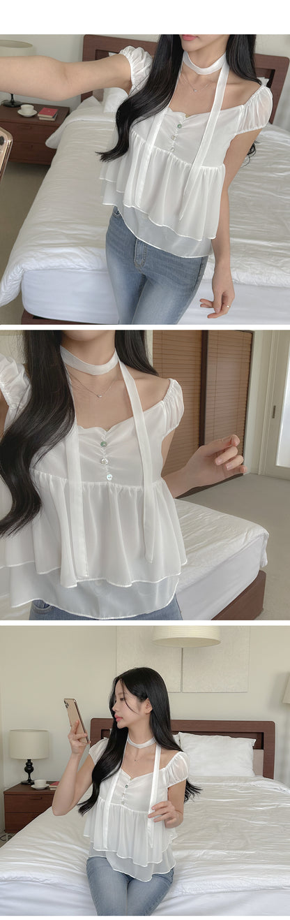 2-Way Flowy Tiered Puff-Sleeve Chiffon Blouse(3 Colors)