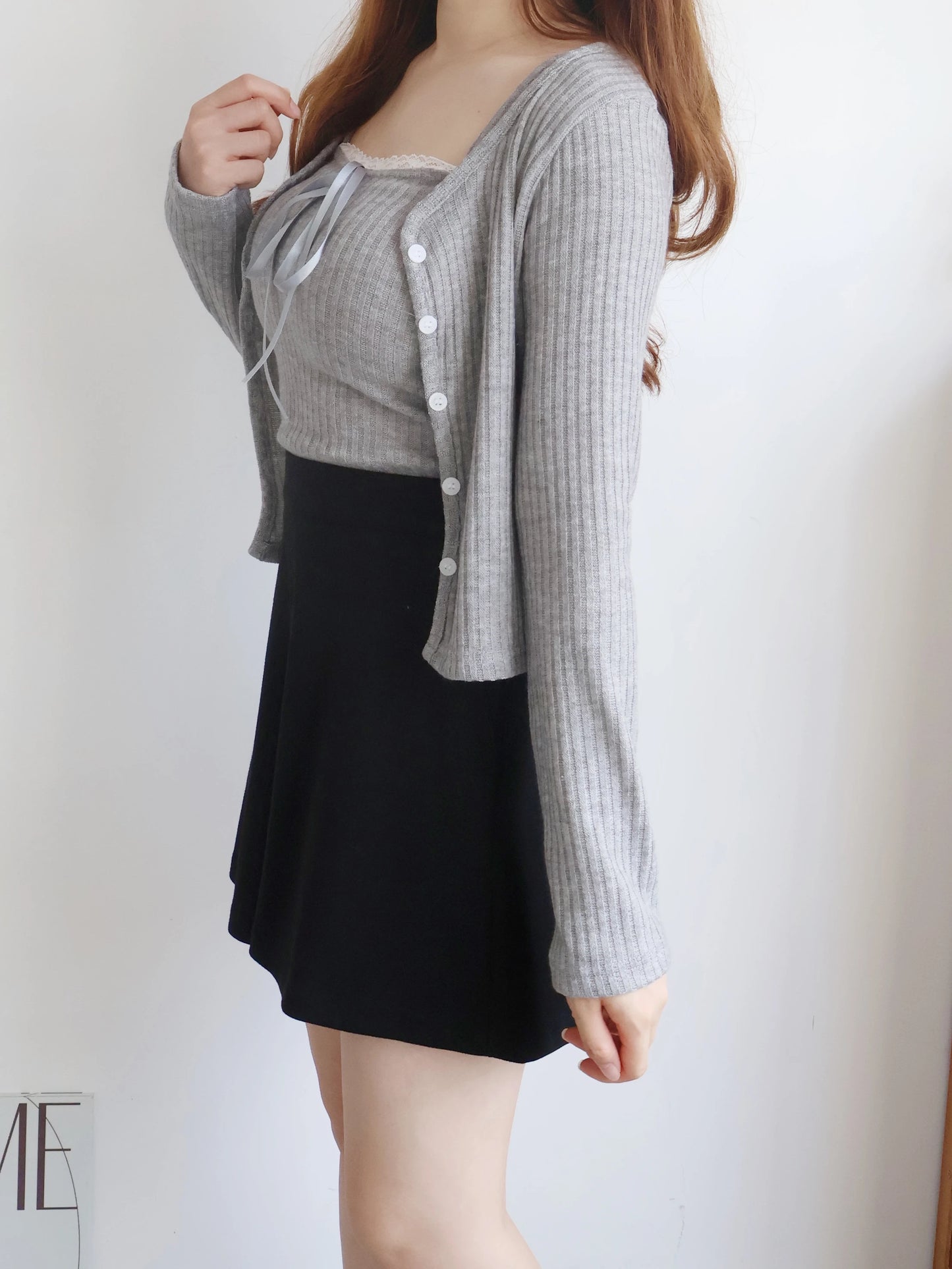 [2-Piece Set] Romantic Balletcore Lace Cami & Cardigan Set(Grey)