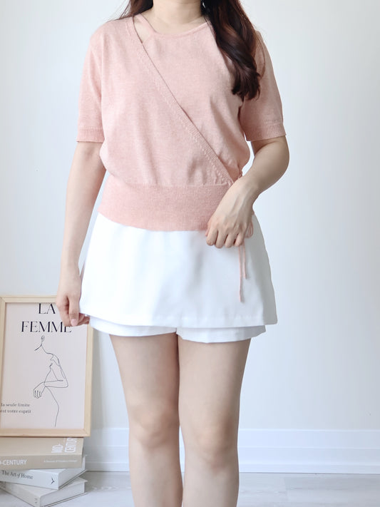 Lighweight Eyelet Overlap Linen Knit Top(Peach)