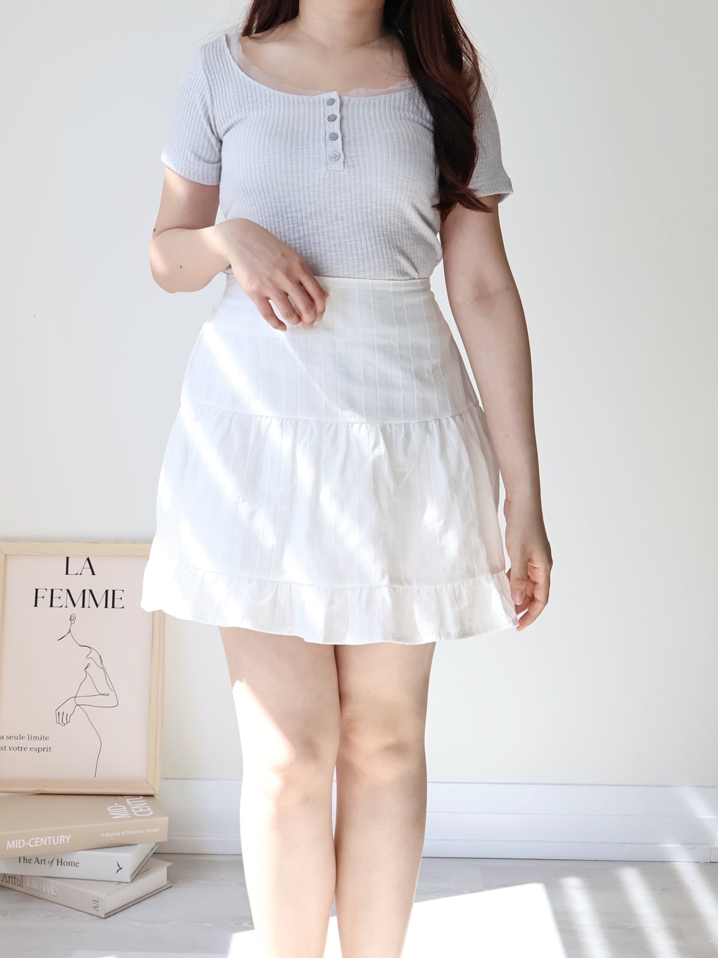Romantic Half-Button Sheer Top(Light Grey)