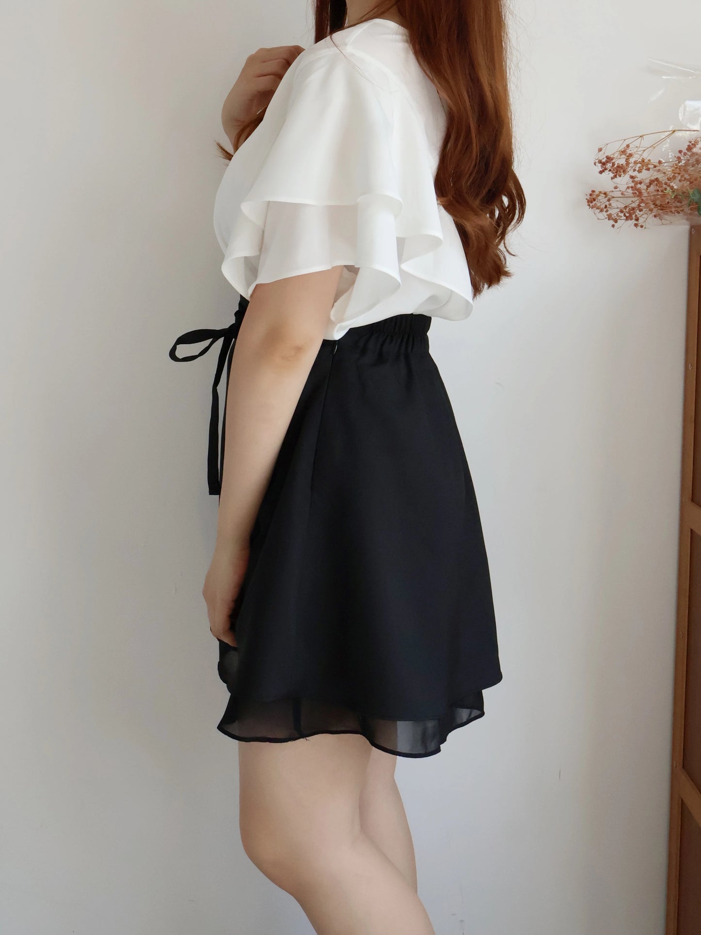 Elegant Ribbon Sheer A-Line Skirt(Black)