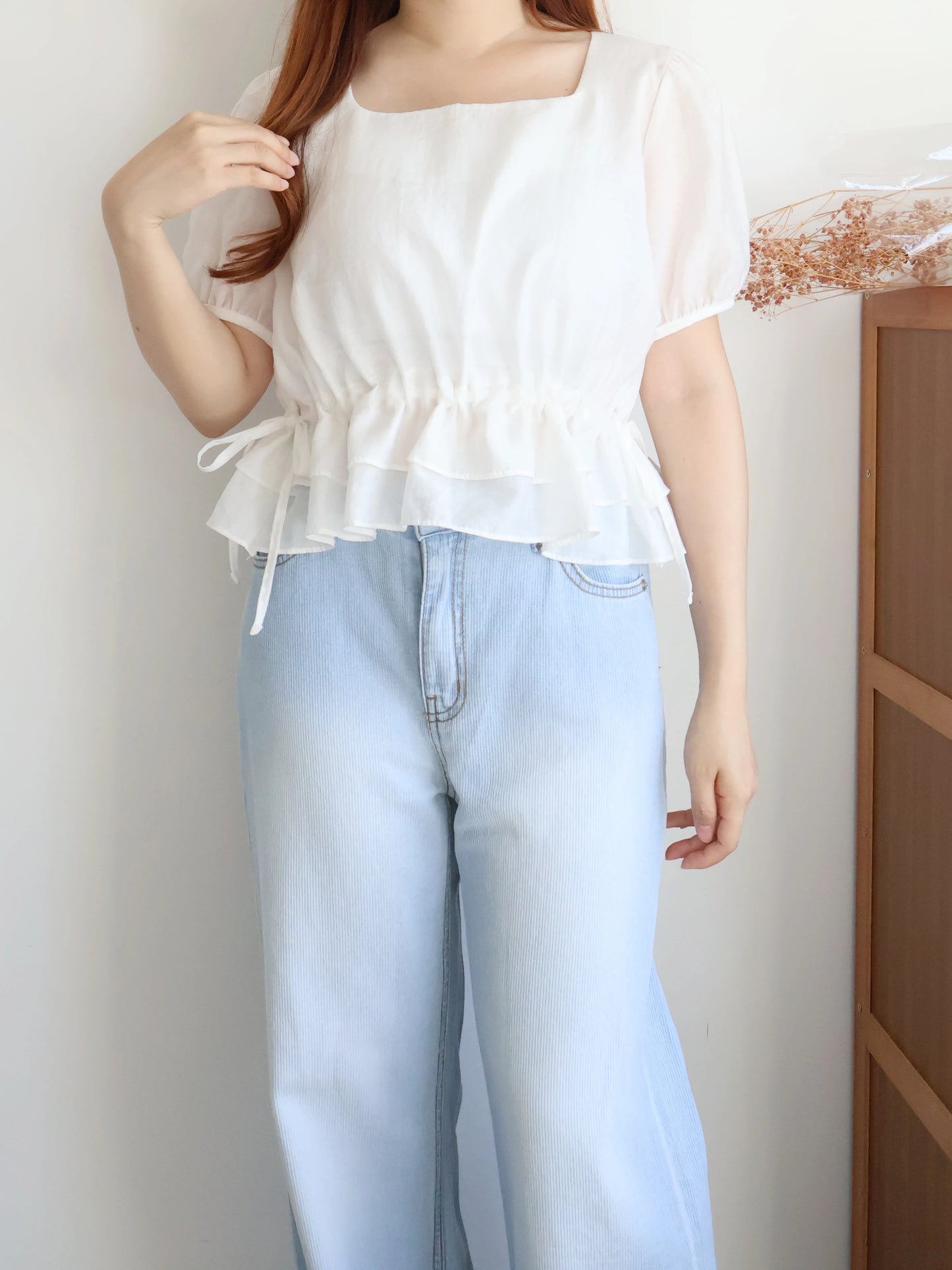 Airy Square-Neck Cinched Chiffon Blouse(Ivory)