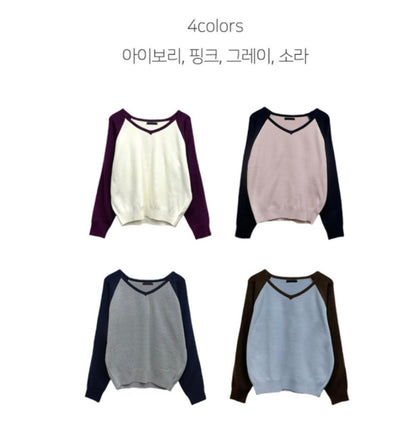 V-Neck Colourblock Dolman Knit Top(4 colors)