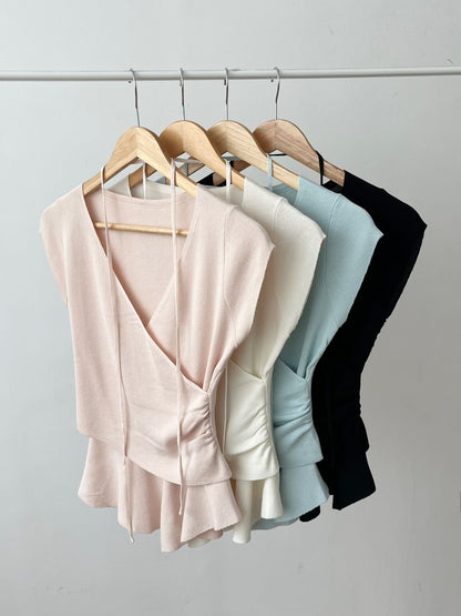 French Wrap Ruffle Knit Top(4 colors)