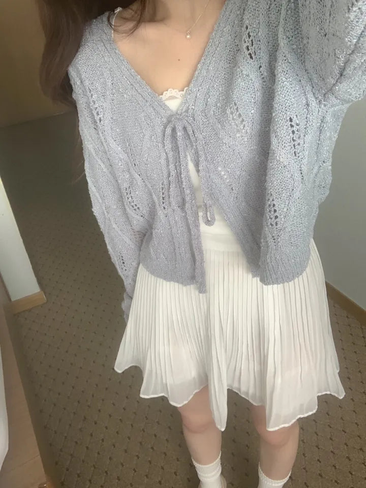 V-Neck Pointelle Tie-Front Knit Cardigan(5 colors)