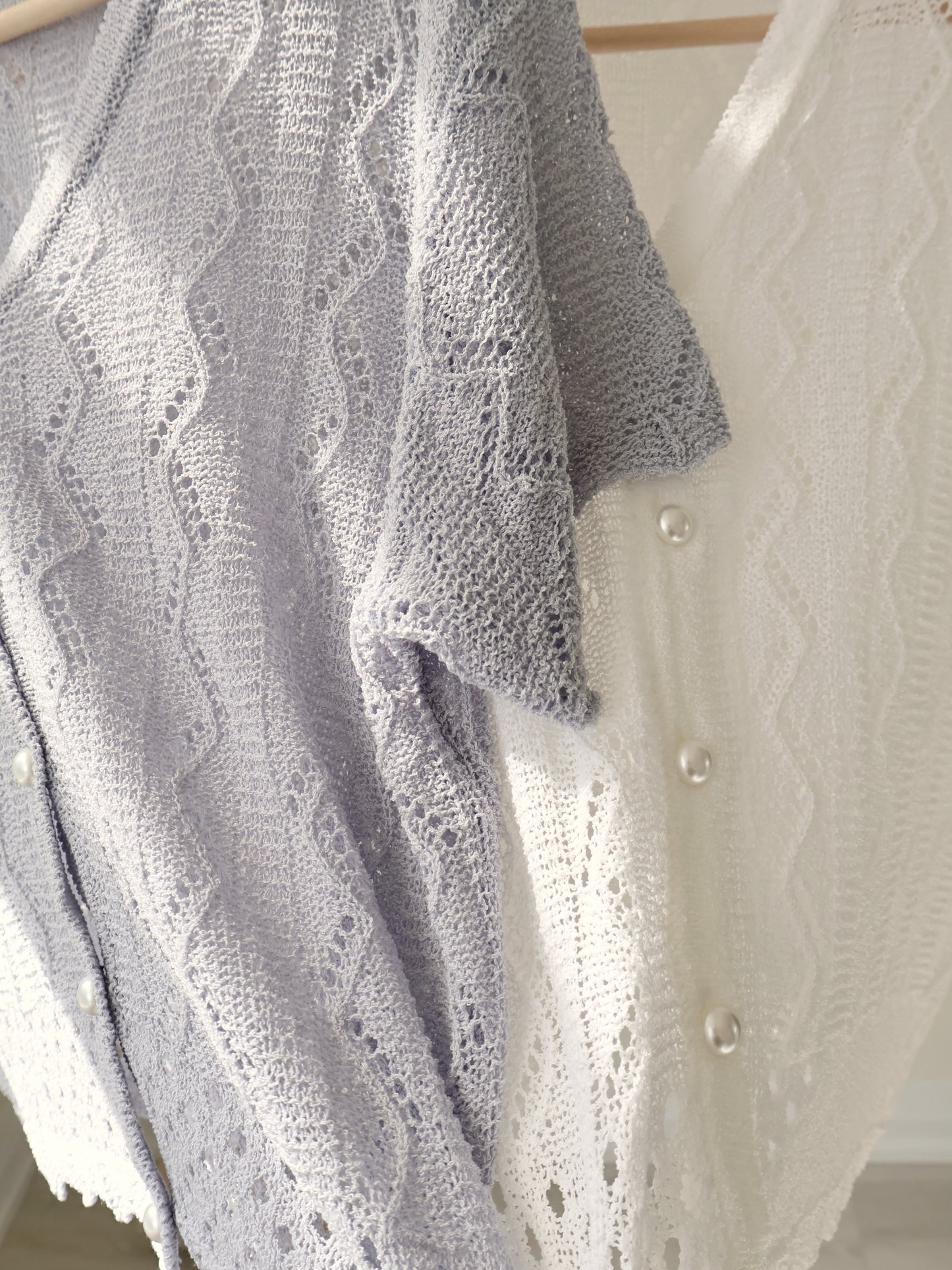 Romantic V-Neck Pointelle Pearl-Button Knit Top(Ivory)