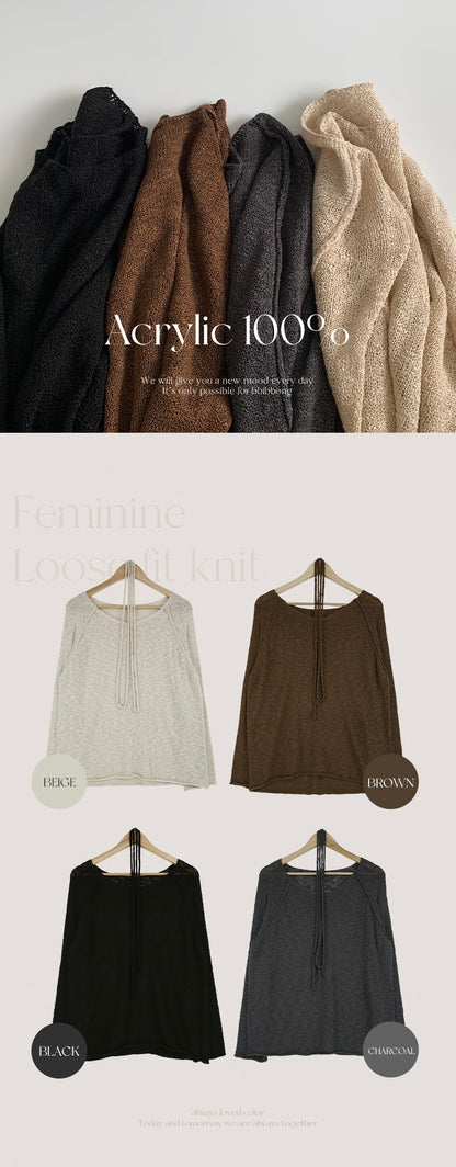 Boat Neck Strap Loose Fit Knit Top(4 colors)