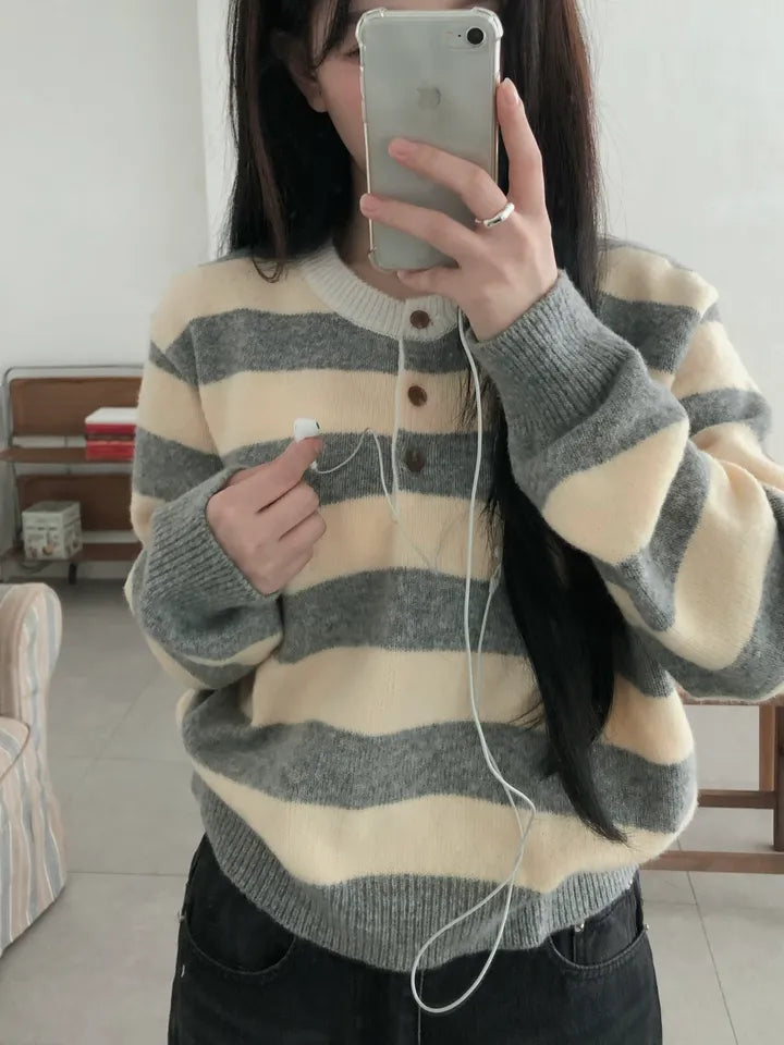[5% Wool] Henley Neck Two-Tone Striped Sweater(4 colors)