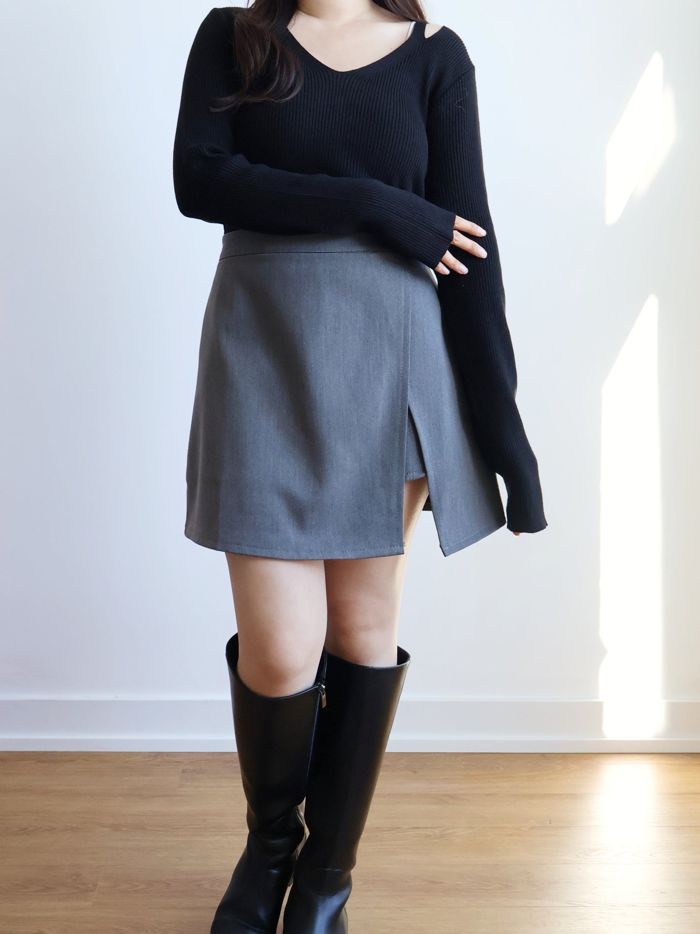 V-neck High-elastic Knit Top(Black)