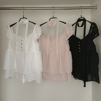 2-Way Flowy Tiered Puff-Sleeve Chiffon Blouse(3 Colors)