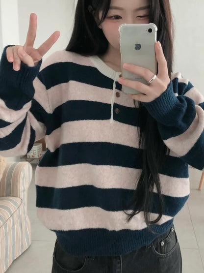 [5% Wool] Henley Neck Two-Tone Striped Sweater(4 colors)