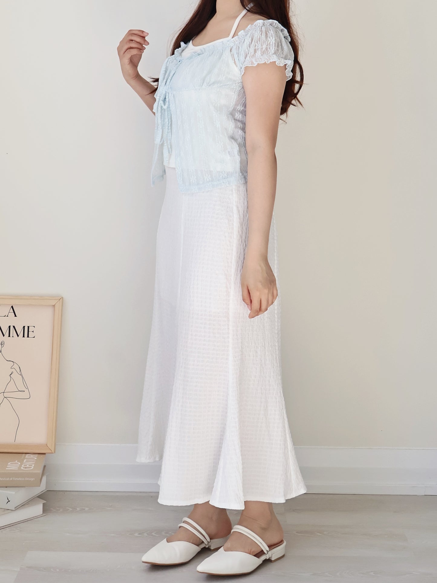 French Daisy Lace Layered Tie-Front Top(Icy blue)