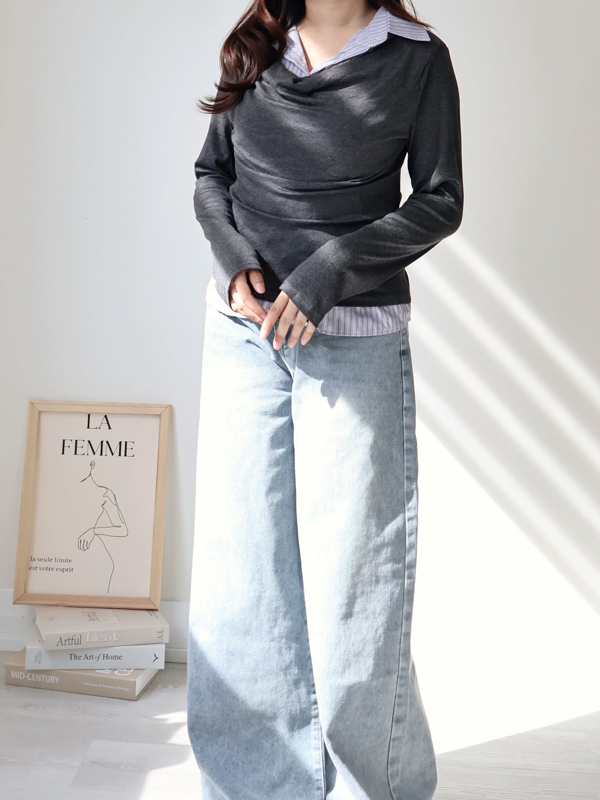Layered Shirt-Collar Top(Charcoal)