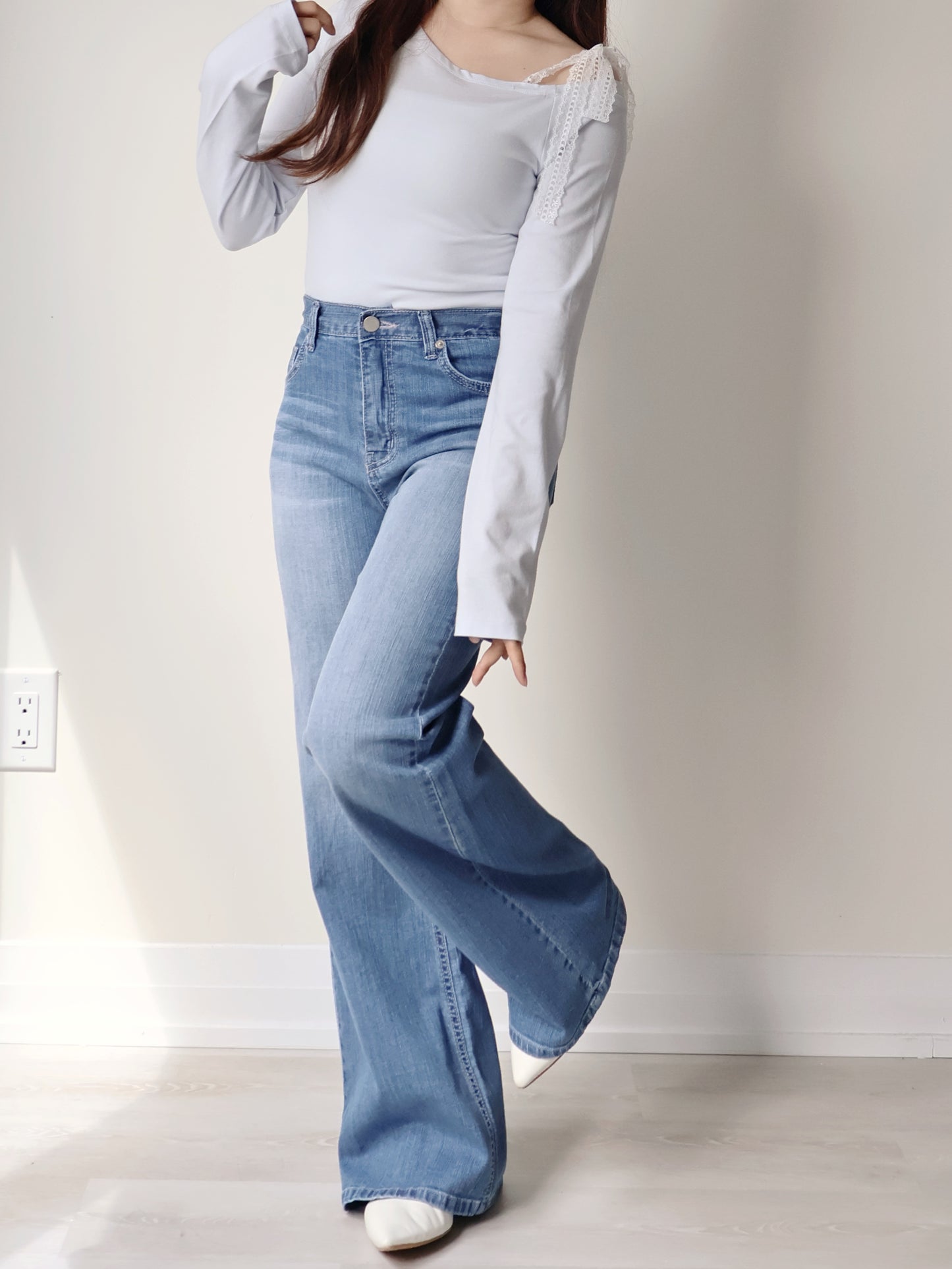 [Half Elastic Waist] Pajama-Soft Lightweight Stretchy Wide-Leg Bootcut Jeans(Dark Blue)