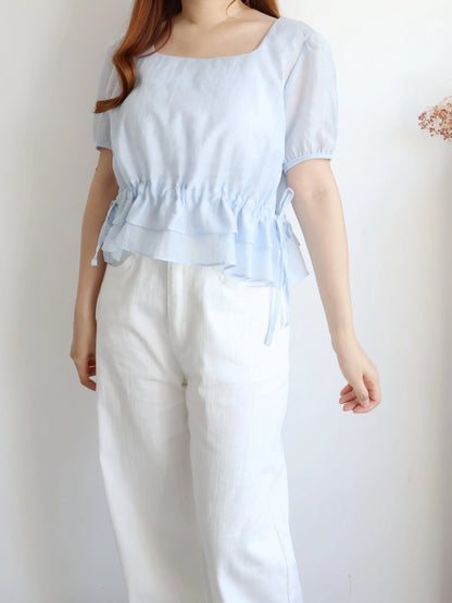 Airy Square-Neck Cinched Chiffon Blouse(Sky blue)