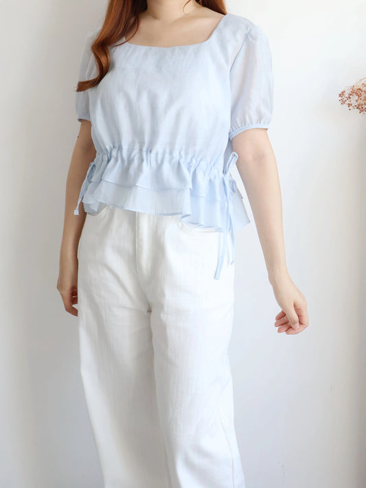 Airy Square-Neck Cinched Chiffon Blouse(Sky blue)