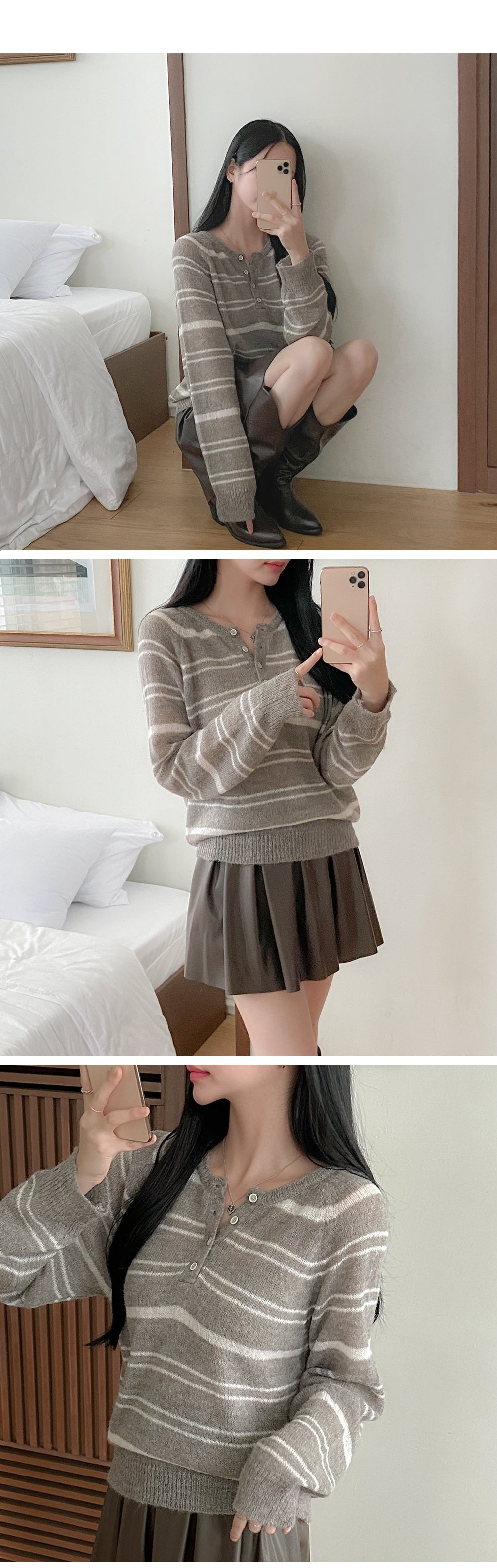Button-Neck Relaxed Fit Striped Sweater(4 colors)
