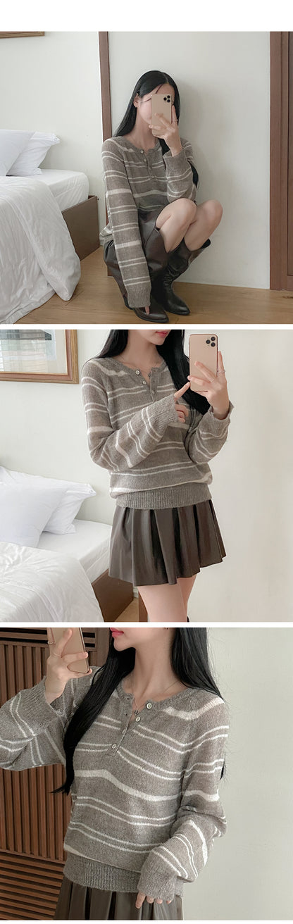 Button-Neck Relaxed Fit Striped Sweater(4 colors)