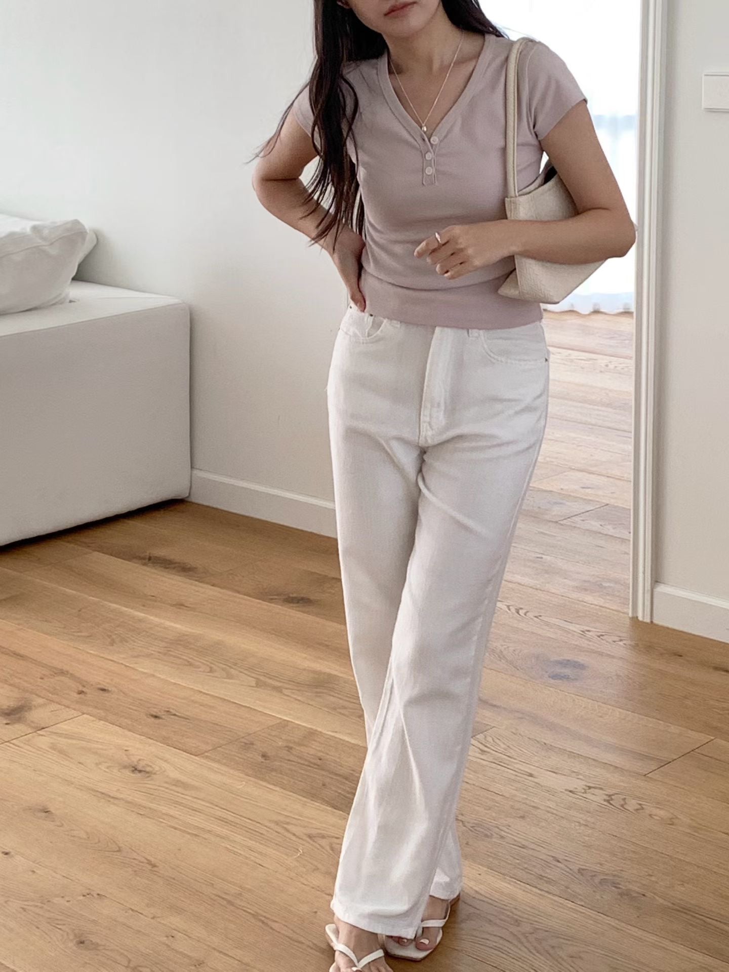 Minimalist V-Neck Button-Up Cotton Tee(3 Colors)