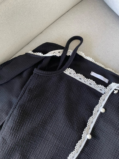 Elegant Pearl Button Lace Trim Two-Piece Set(Black)