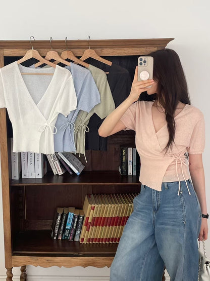 Elegant Tie-Detail Wrap Knit Top(5 Colors)