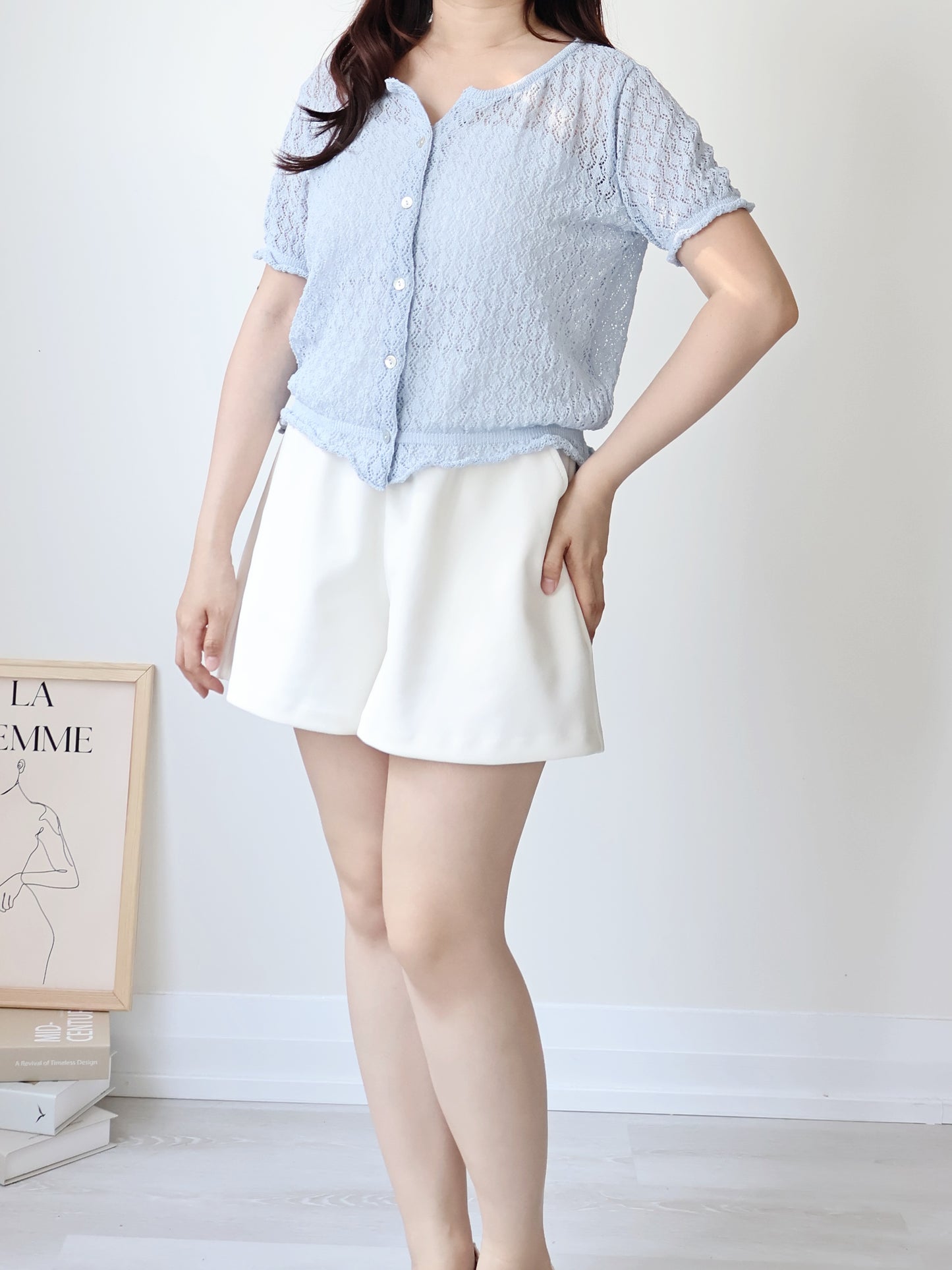 Holiday Vibe Diamond Openwork Knit Cardigan(Slyblue)