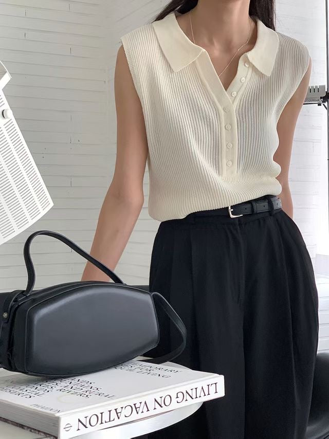 Lapel Half-Button Textured Stretch Knit Tank(2 colors)