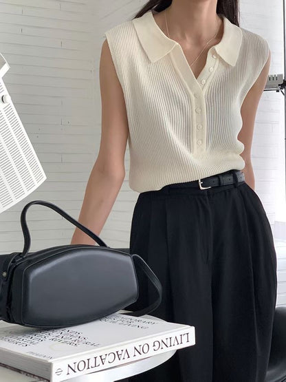 Lapel Half-Button Textured Stretch Knit Tank(2 colors)