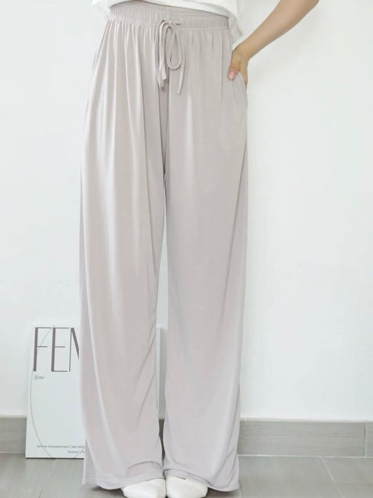 Airy Matte Breathable Wide-Leg Pants with Pockets(Beige)