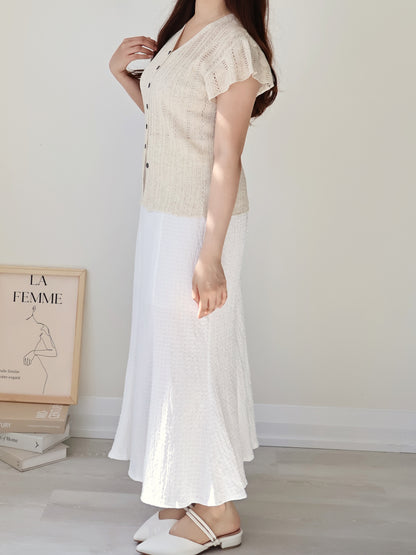Breezy V-Neck Pointelle Flutter Sleeve Knit Top(Oatmeal beige)