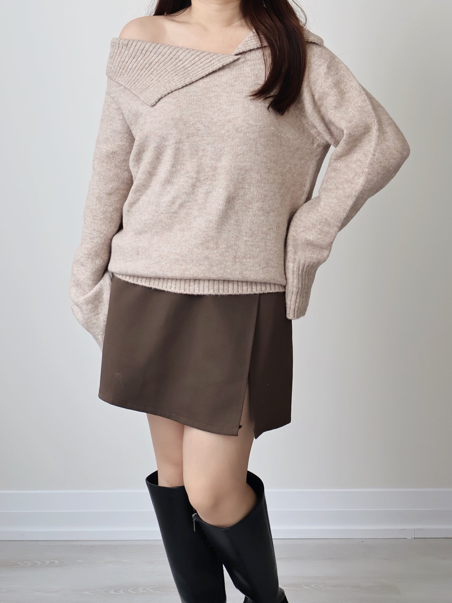 [2-WAYS] Elegant Off-shoulder Sweater(Oatmeal)