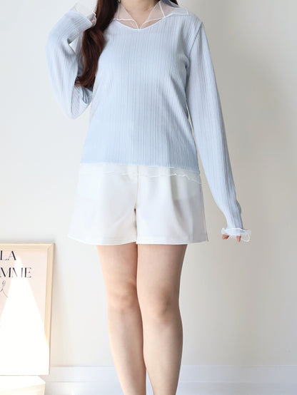 Graceful Sheer Trim V-Neck Top(Skyblue)