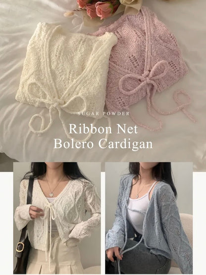 V-Neck Pointelle Tie-Front Knit Cardigan(5 colors)