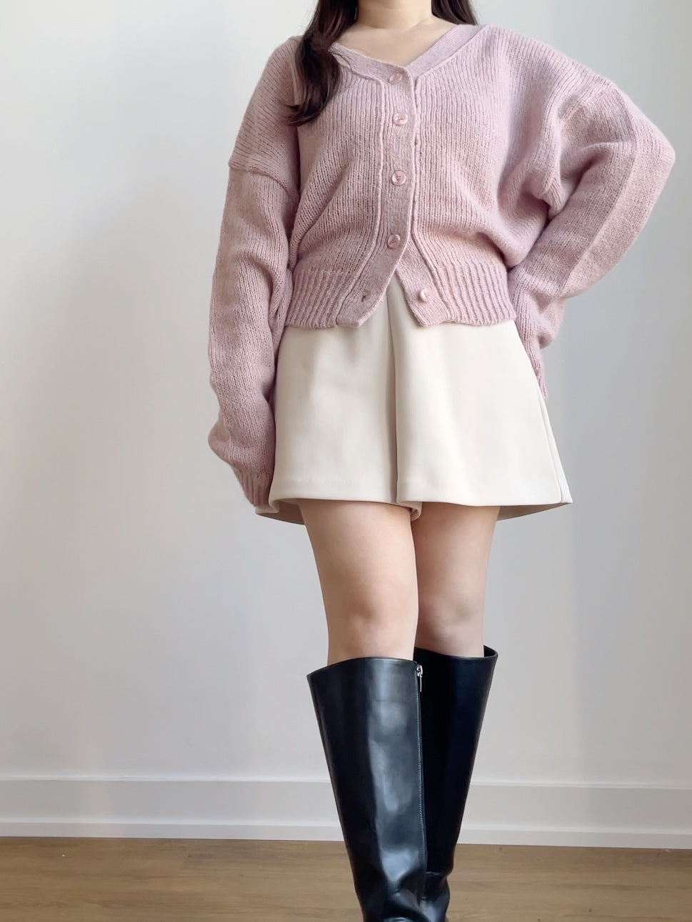 [10% WOOL] V-neck Warm Knit Cardigan (Pinkish purple)