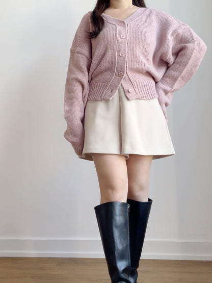 [10% WOOL] V-neck Warm Knit Cardigan (Pinkish purple)