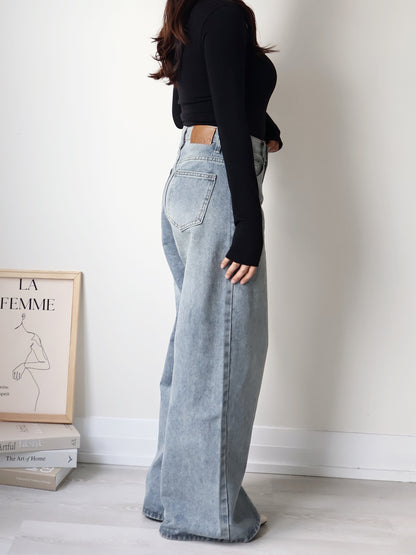 [S-2XL · 3 Lengths] Vintage-Wash Wide-Leg Denim Pants(Dusty blue)