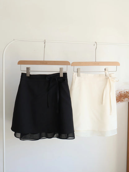 Elegant Ribbon Sheer A-Line Skirt(Black)